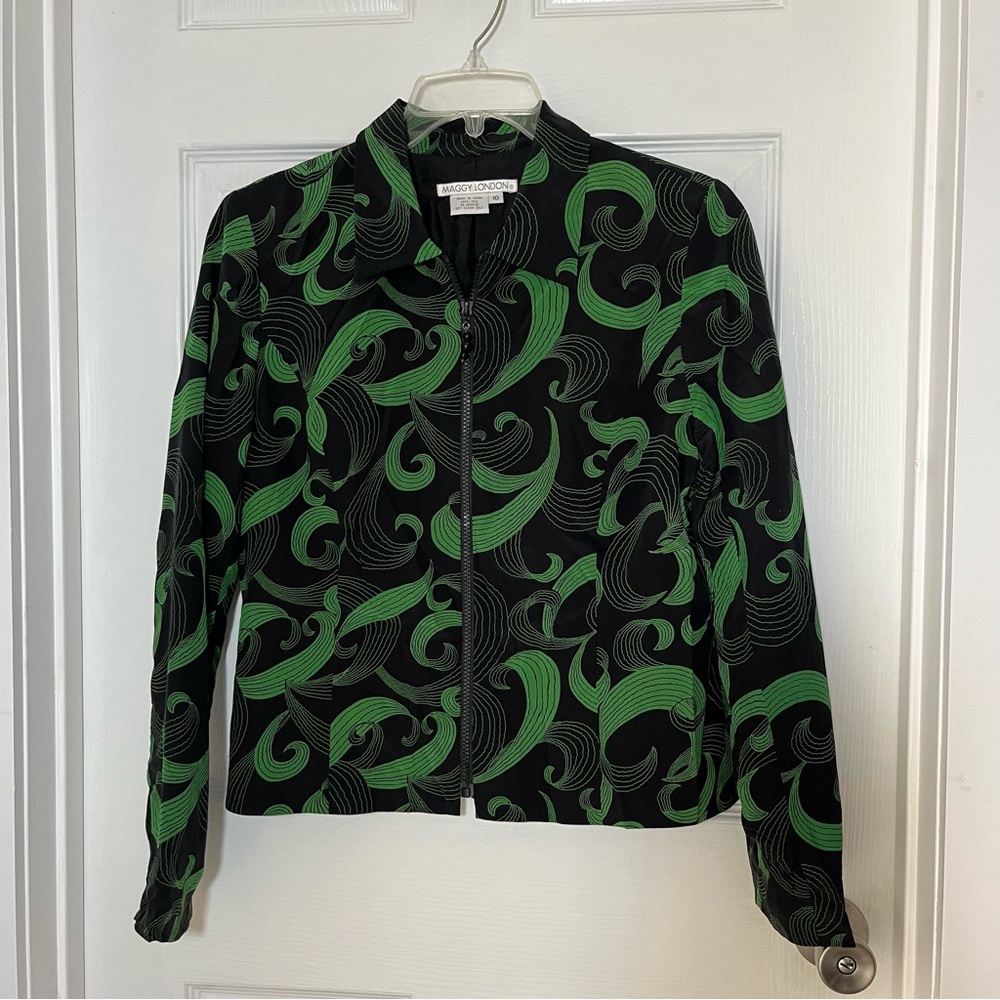 Maggy London 100% Silk Black and Green Swirl Blazer